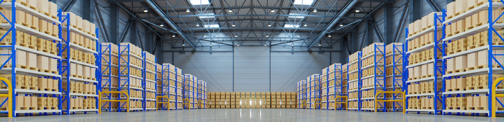 A large, steel-framed warehouse with blue shelving along the walls containing rows of boxes. The floor is polished concrete.
